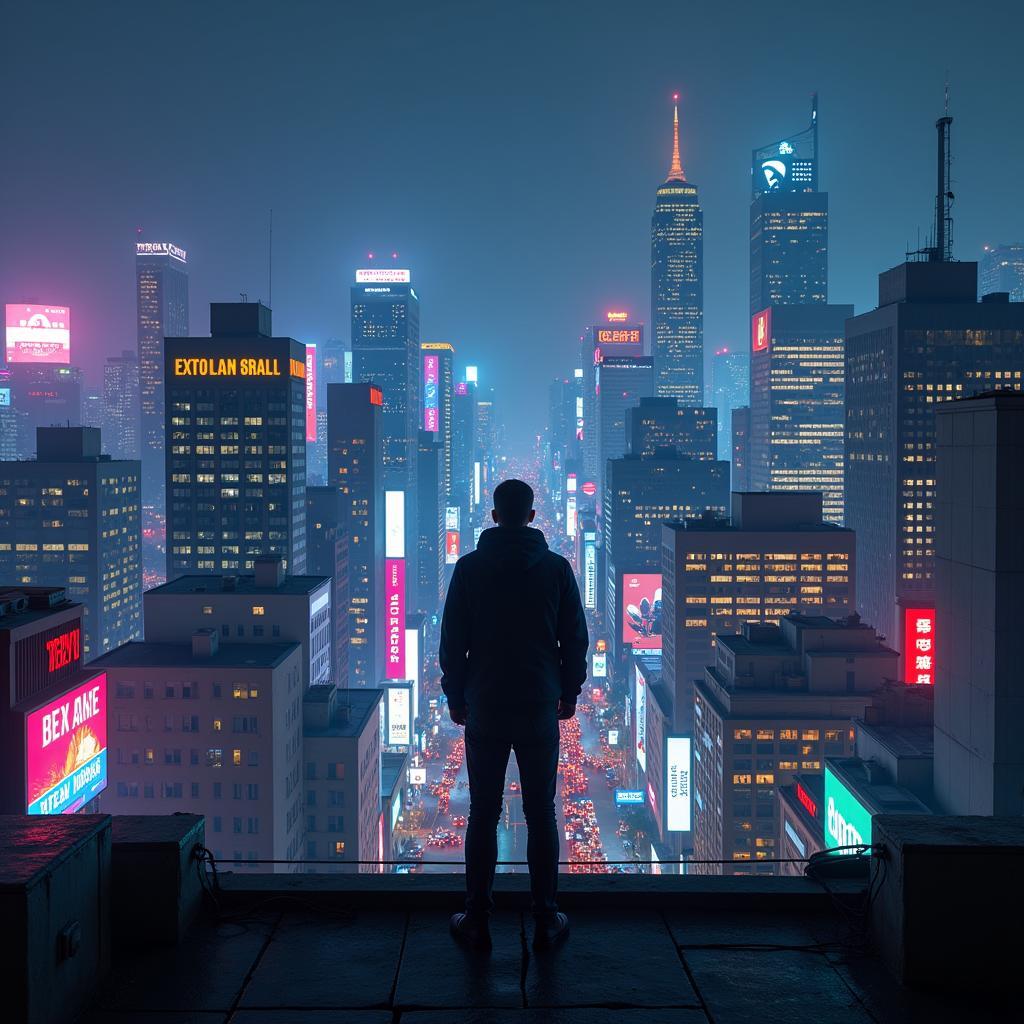 Cityscape at night with lone figure