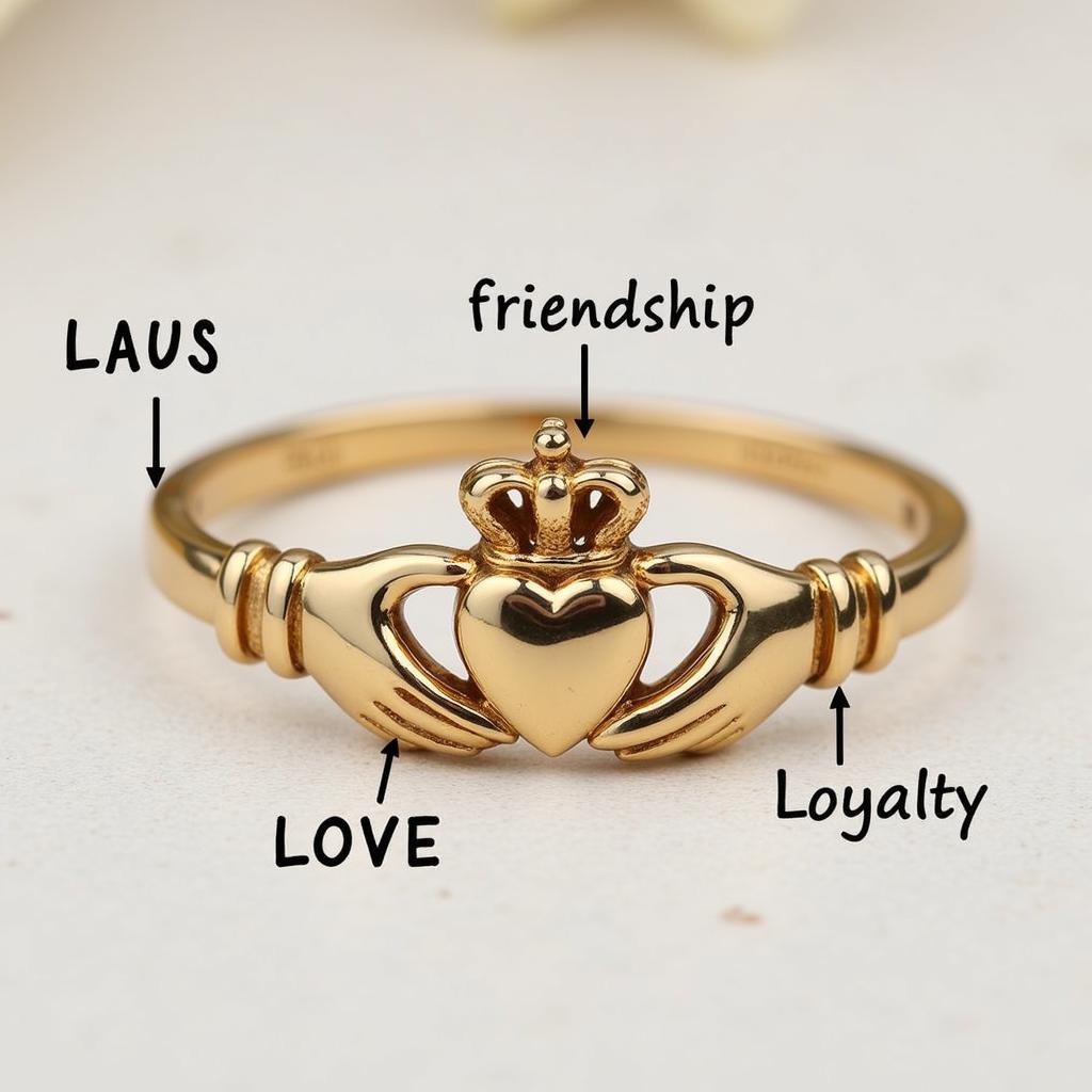 Claddagh ring with labeled design elements