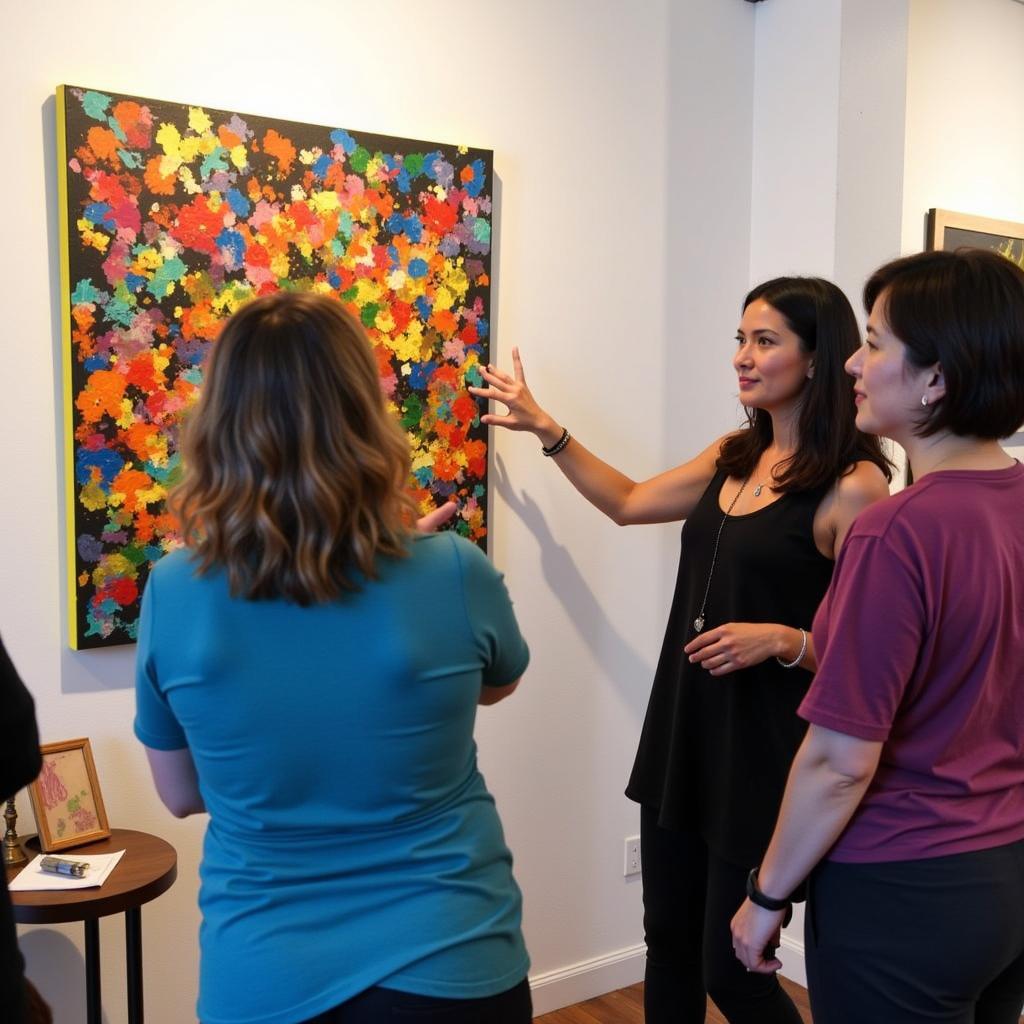 Artist explaining artwork to visitors during Claremont Art Walk