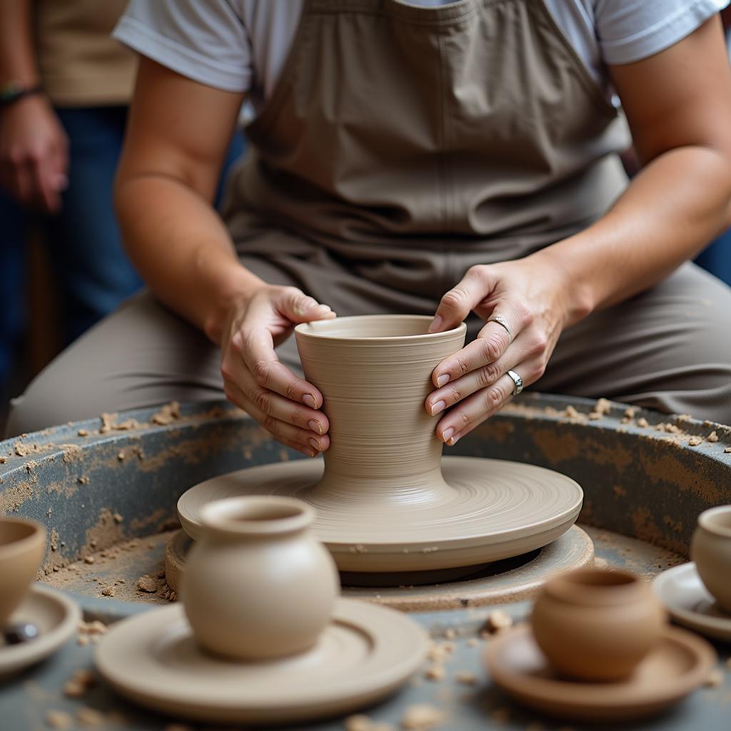 A potter demonstrating their craft at Clarkston Art in the Park