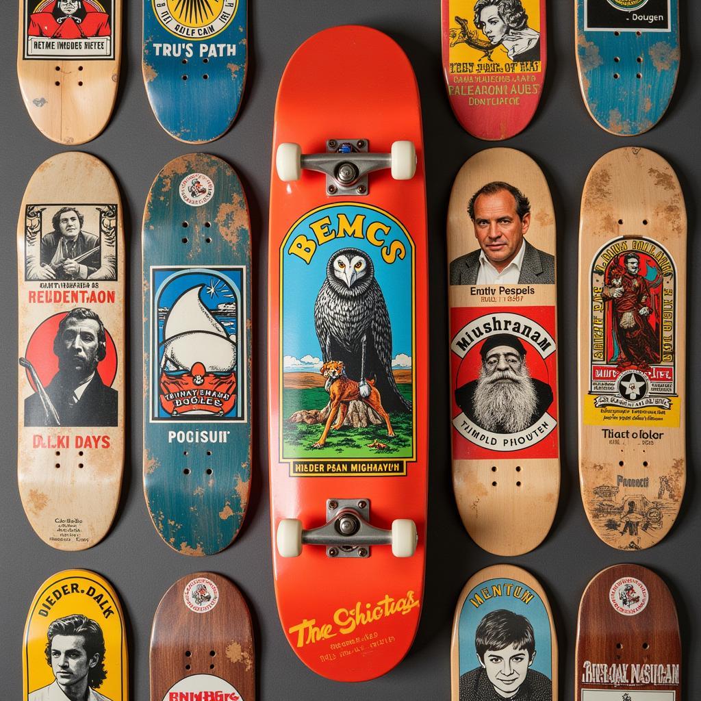 Vintage skateboard decks showcasing iconic graphics