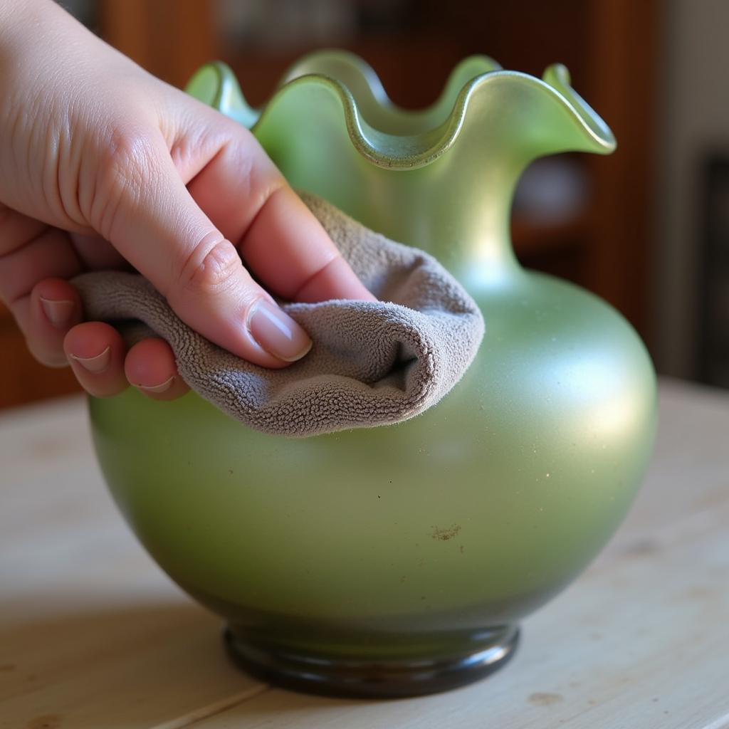 A person gently cleaning a Dale Tiffany Favrile glass vase with a soft, dry cloth