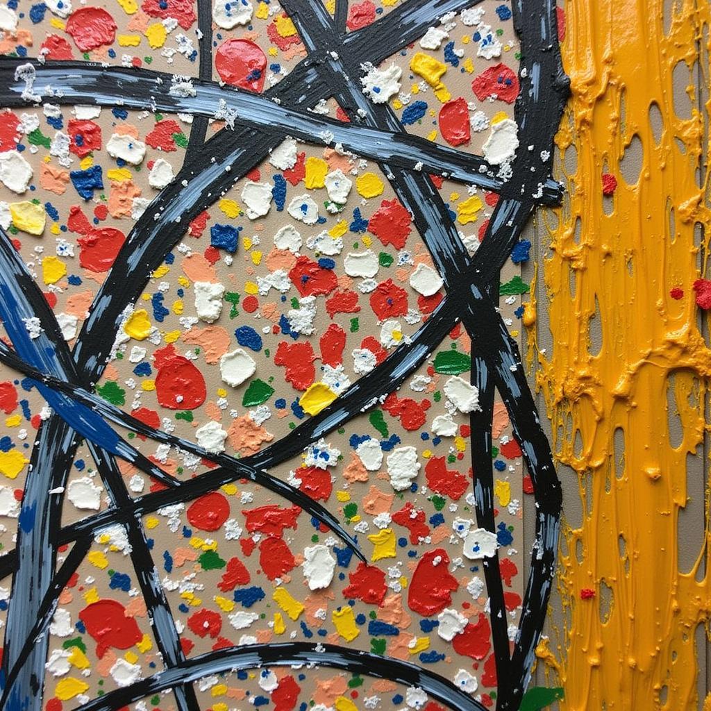 Close-up detail of a Jackson Pollock painting, highlighting the intricate layers of paint and texture