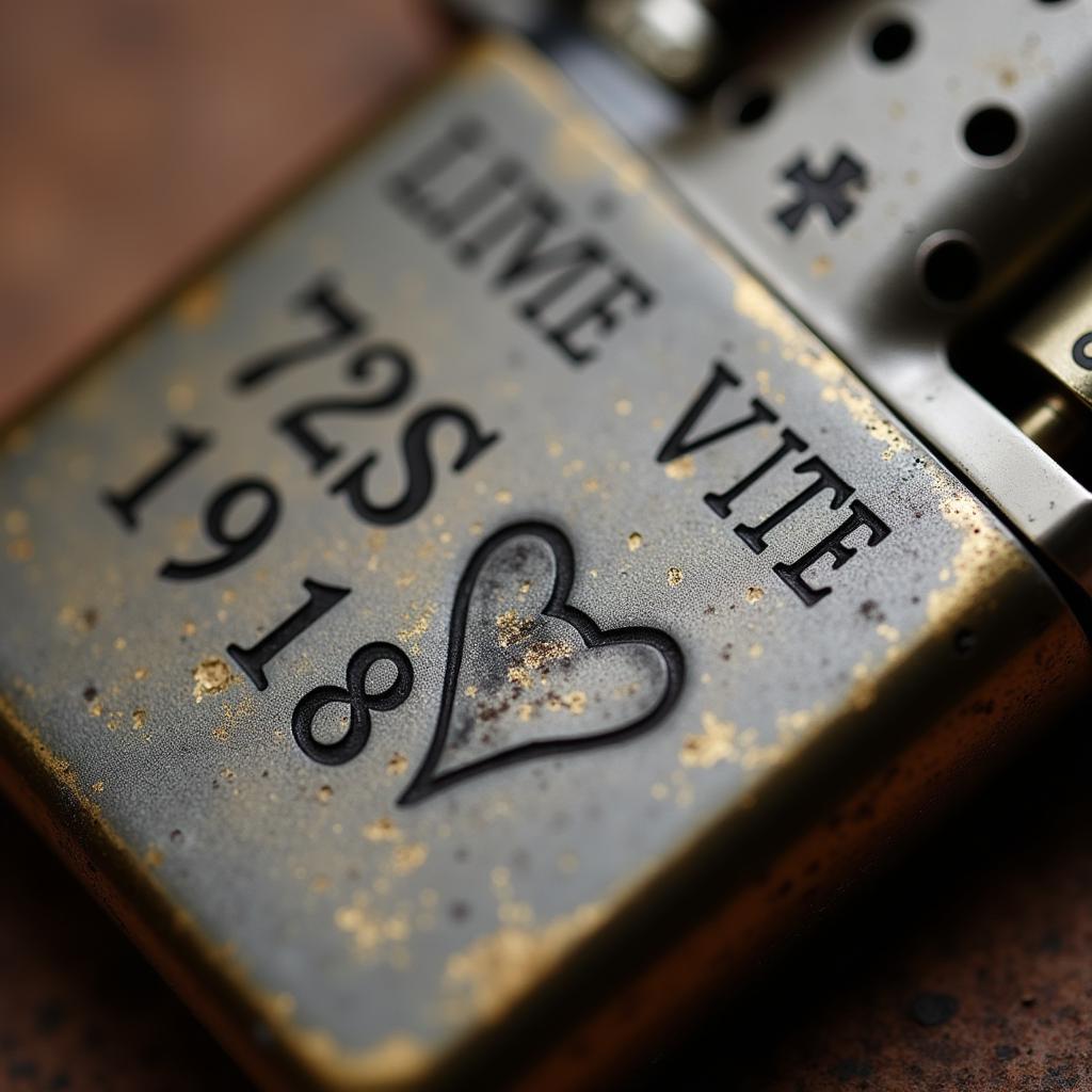 Intricate engravings adorn the surface of a trench art lighter.