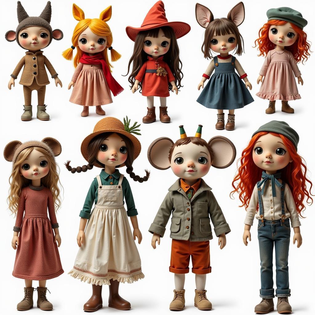 A variety of cloth art dolls