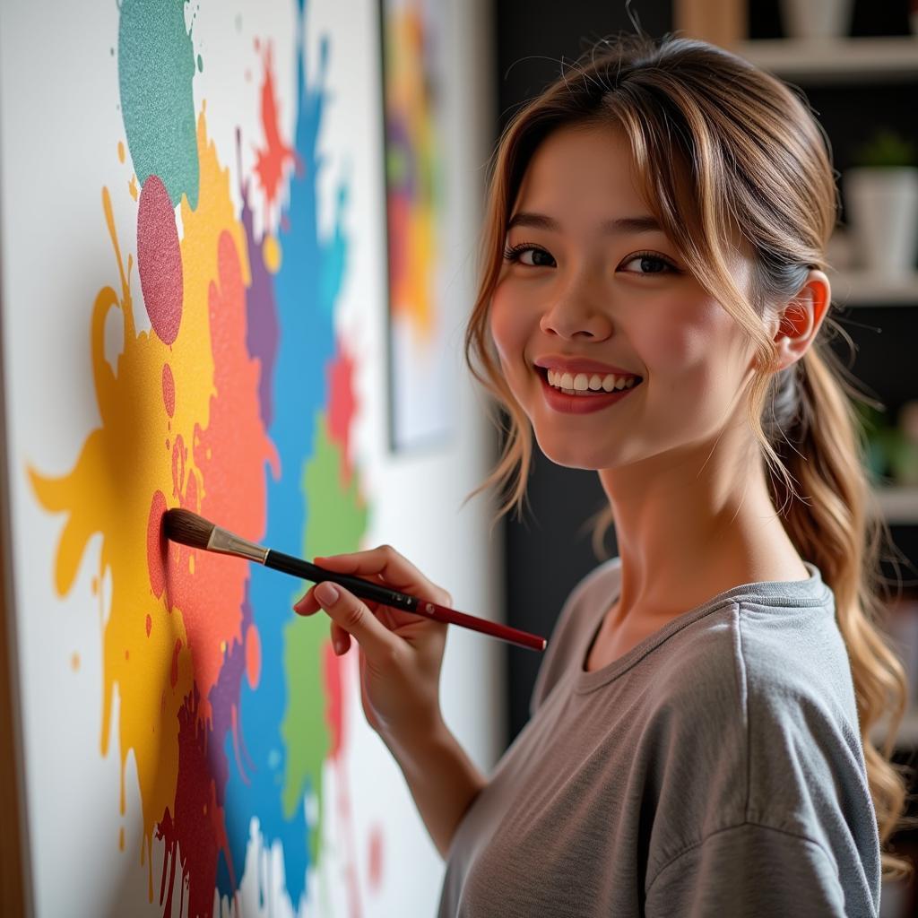 Cô gái đang vẽ tranh với brush art paint