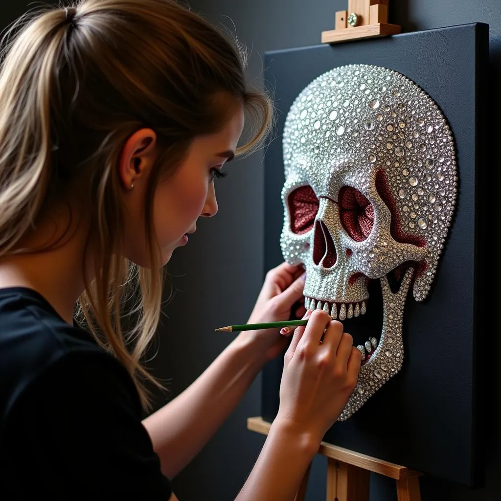 Cô gái trẻ đang đính đá lên bức tranh skull diamond art