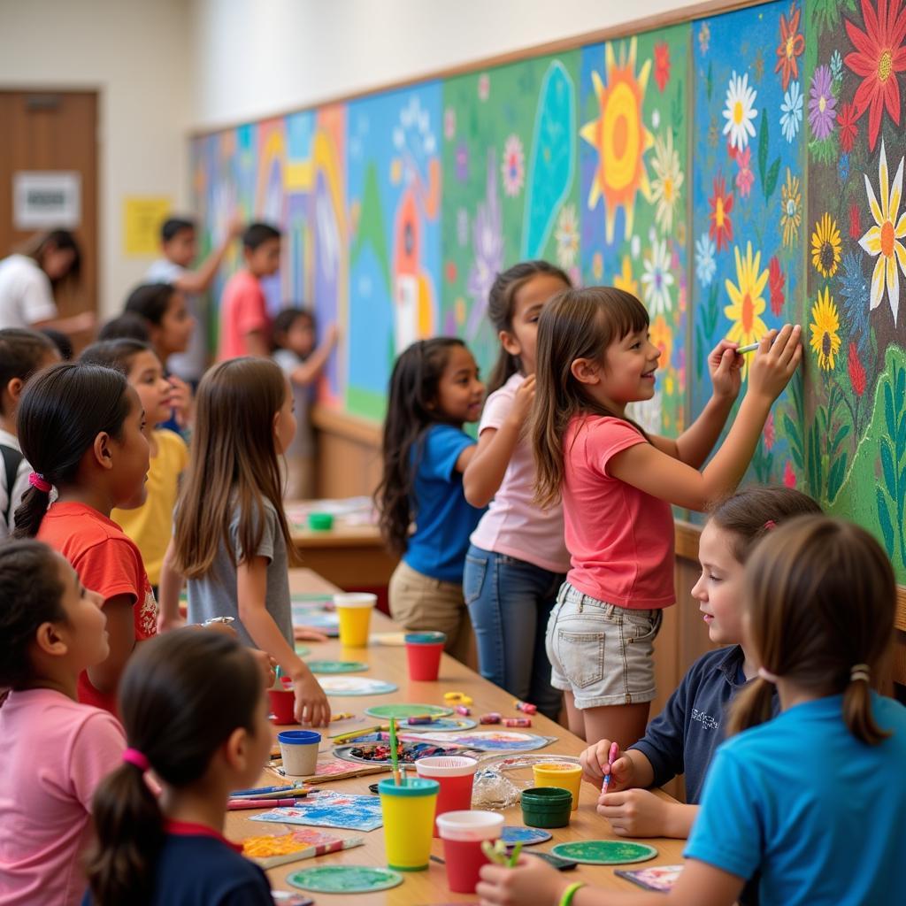 Elementary students collaborating on a vibrant mural