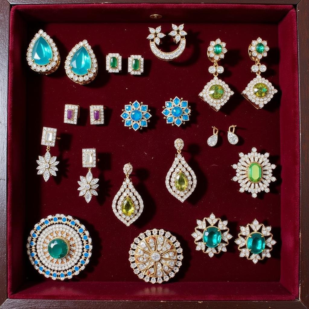 A collection of various art deco rhinestone earrings displayed on a velvet-lined tray.