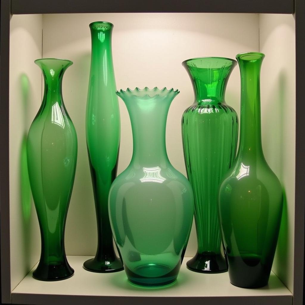 Collection of Art Nouveau Green Glass Vases in Various Shapes and Sizes