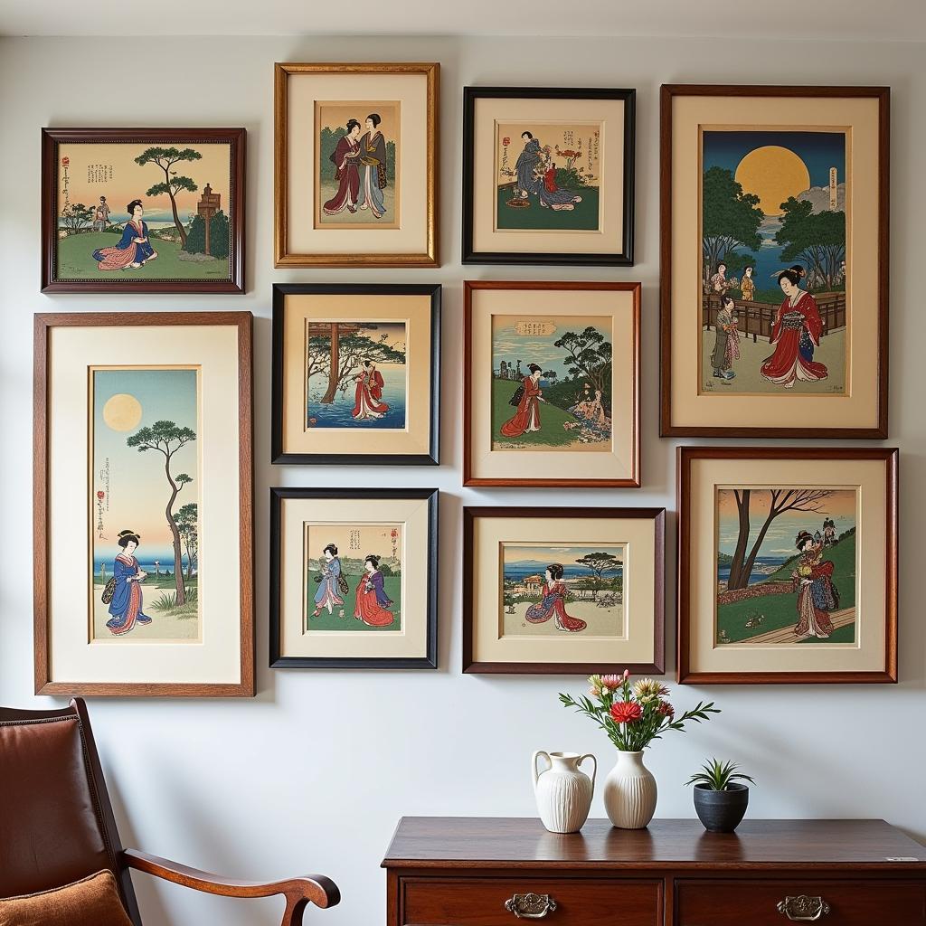 Collection of Framed Japanese Ukiyo-e Prints in a Gallery