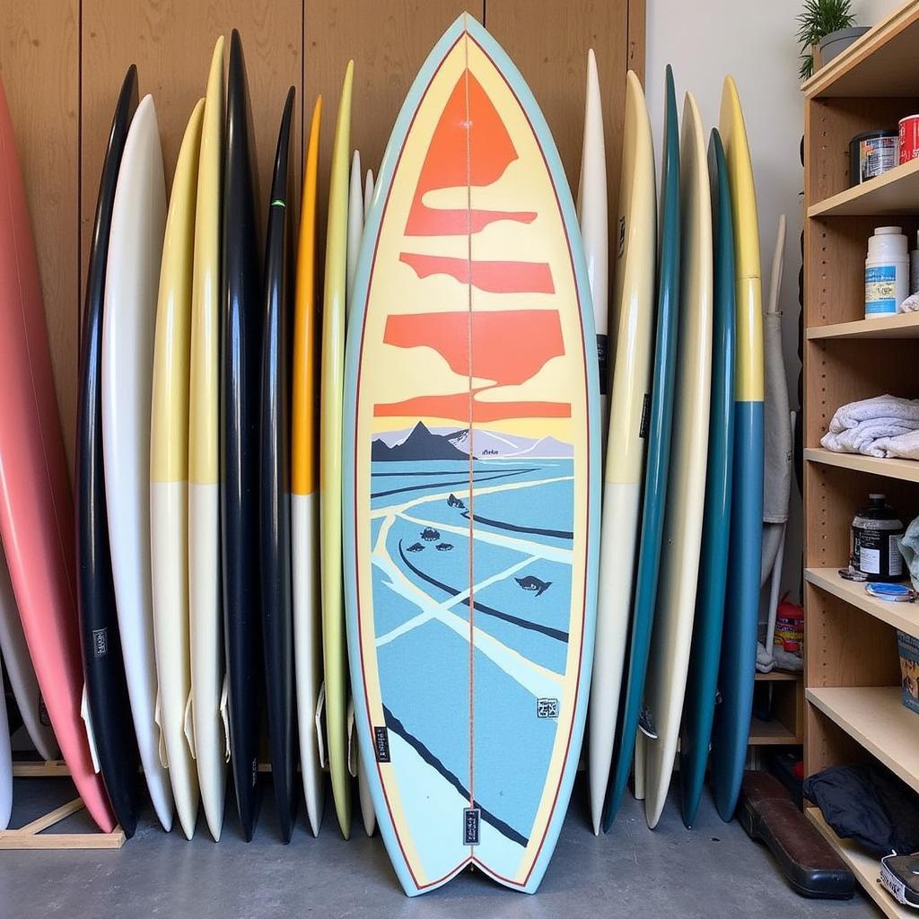 A vibrant display of painted surfboards, showcasing a variety of styles, colors, and designs.