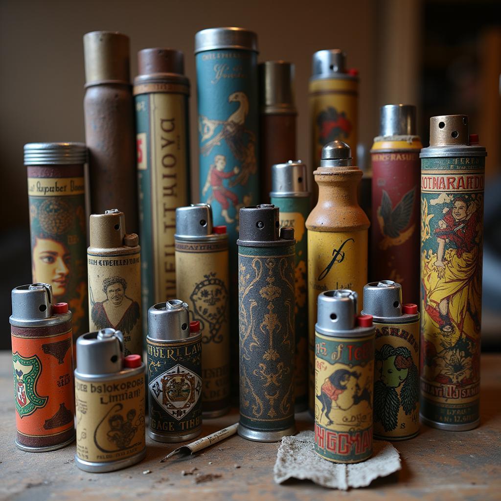 A collection of trench art lighters from different wars displayed on a table.