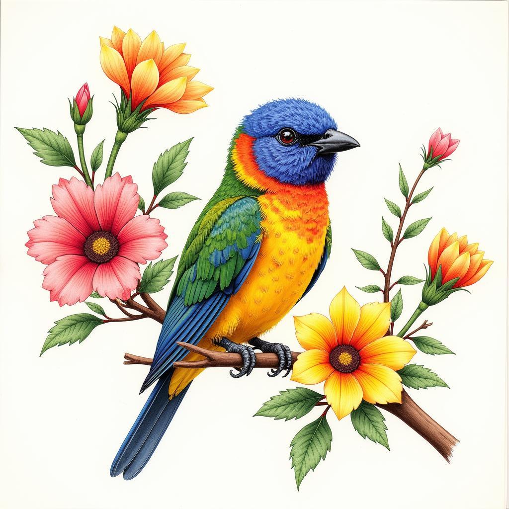 Vibrant Bird Illustration Created with Colored Pencils