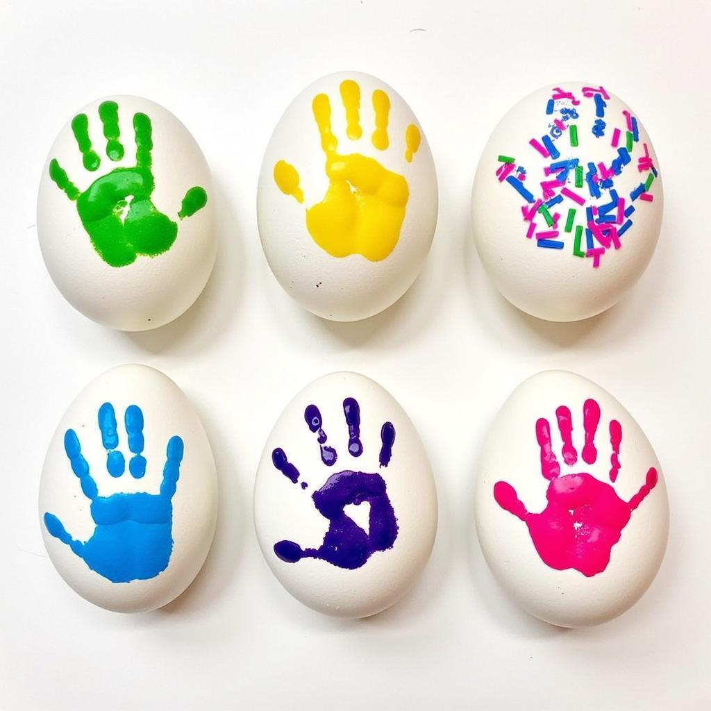 Colorful Easter egg handprints decorated with markers and glitter on white cardstock.