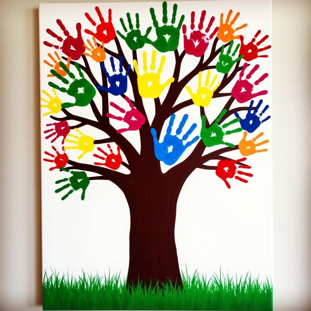 Colorful Family Handprint Tree on Canvas