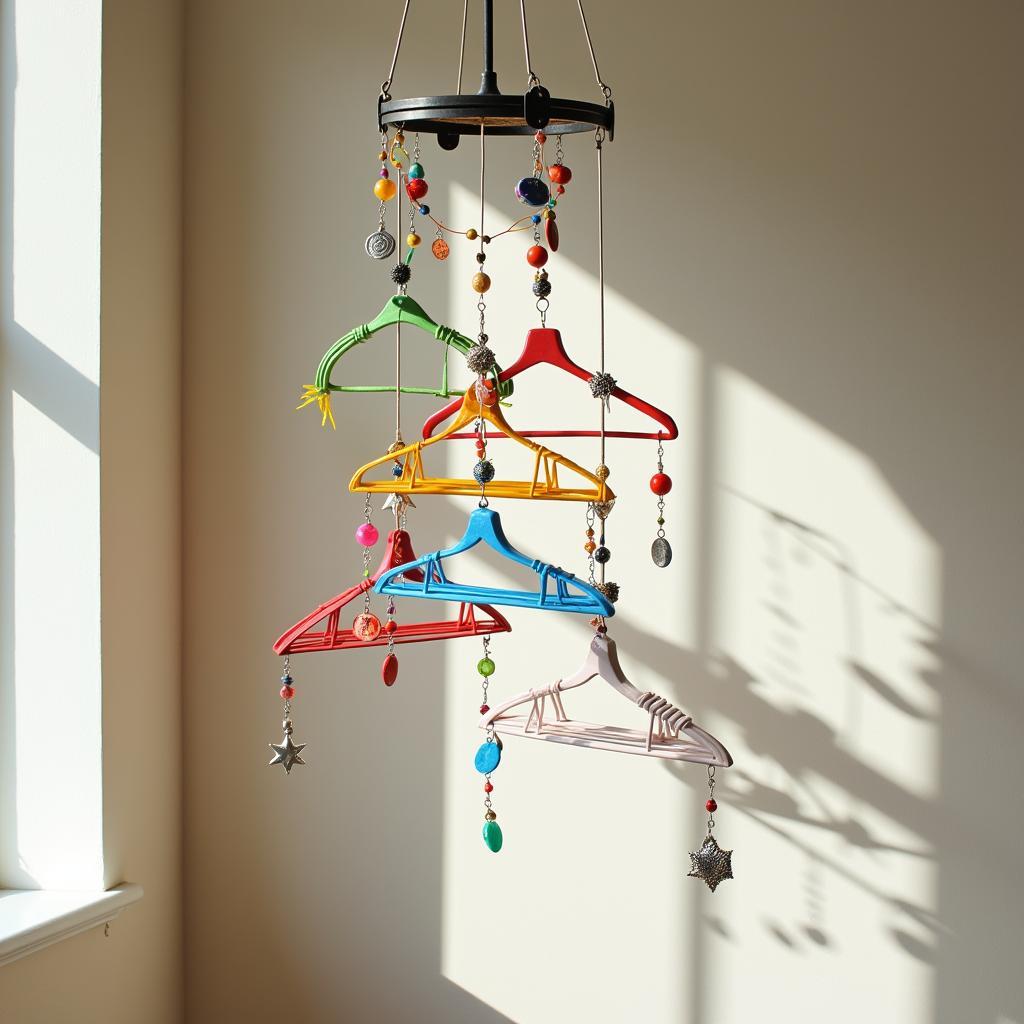 A vibrant mobile made from painted wire hangers and decorative beads.