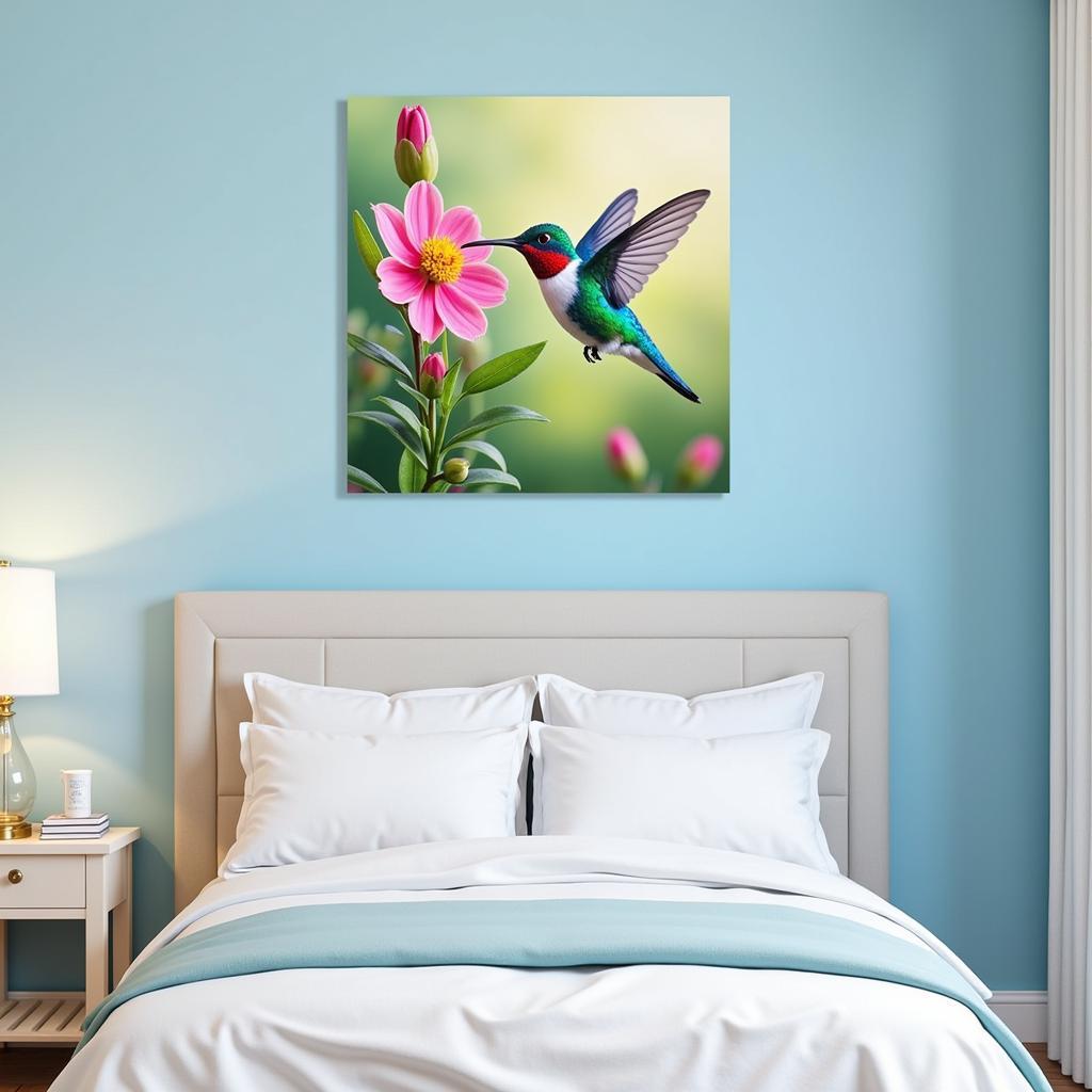 Colorful Hummingbird Canvas Art Above a Bed