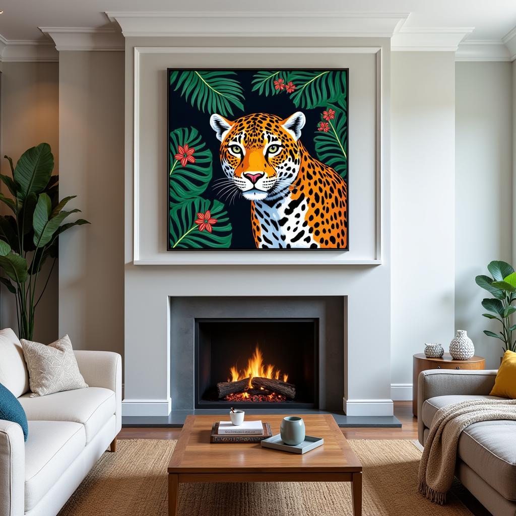 Vibrant and colorful jaguar wall art hung above a fireplace in a modern living room