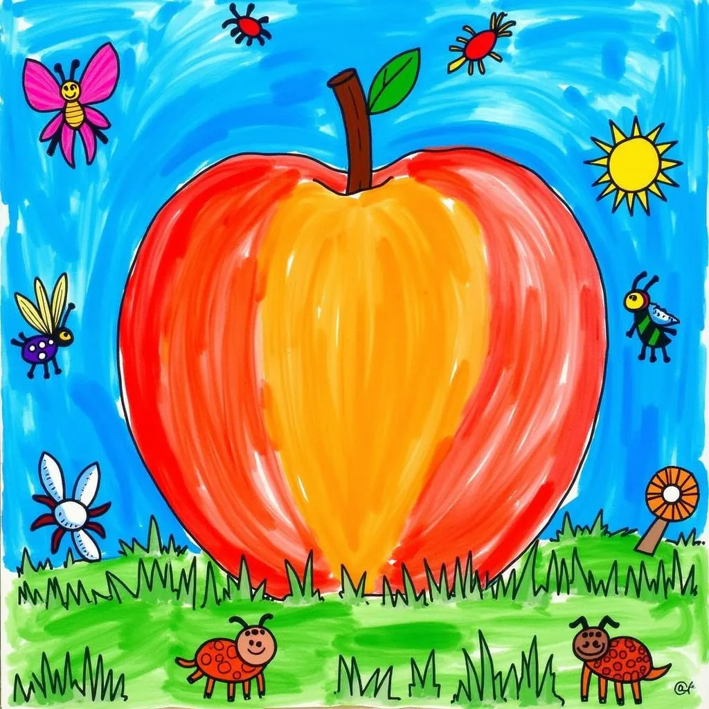 Colorful Painting of a Giant Peach Surrounded by Whimsical Creatures