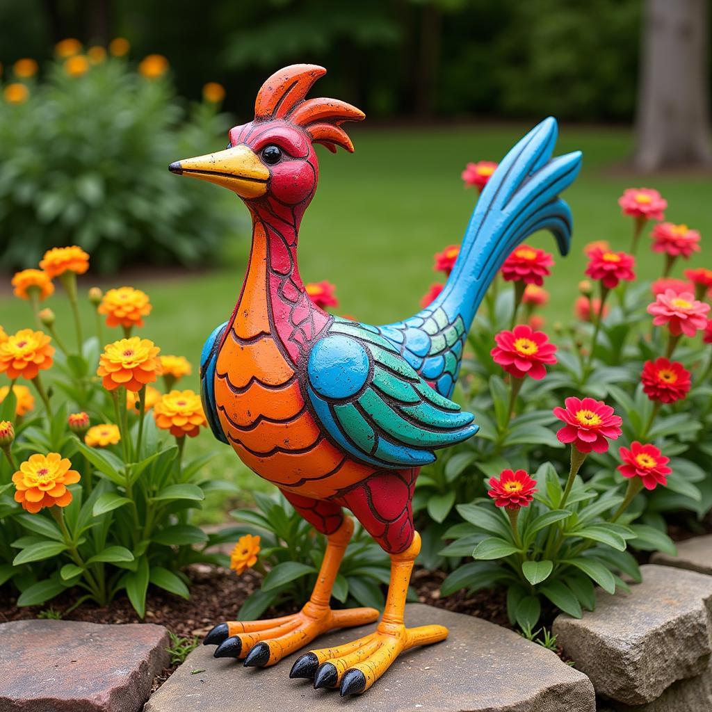 Colorful Road Runner Yard Art in a Flower Garden