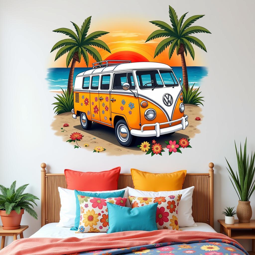 A colorful VW bus wall art piece brightens up a bedroom with boho chic decor