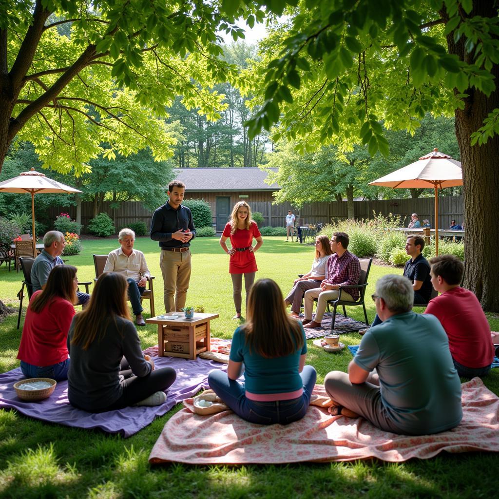 A diverse group of people participate in a workshop held outdoors in a garden city setting