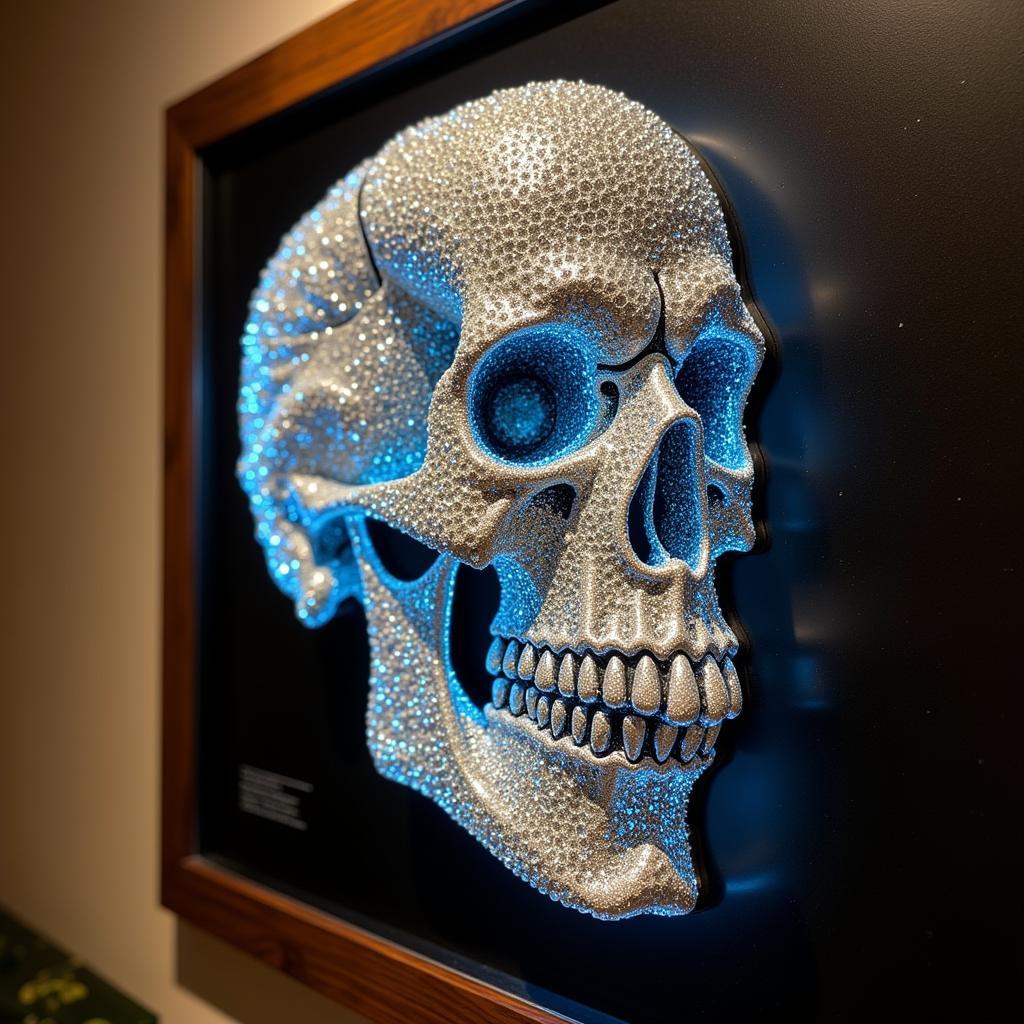 A finished diamond art skull shimmering under the light