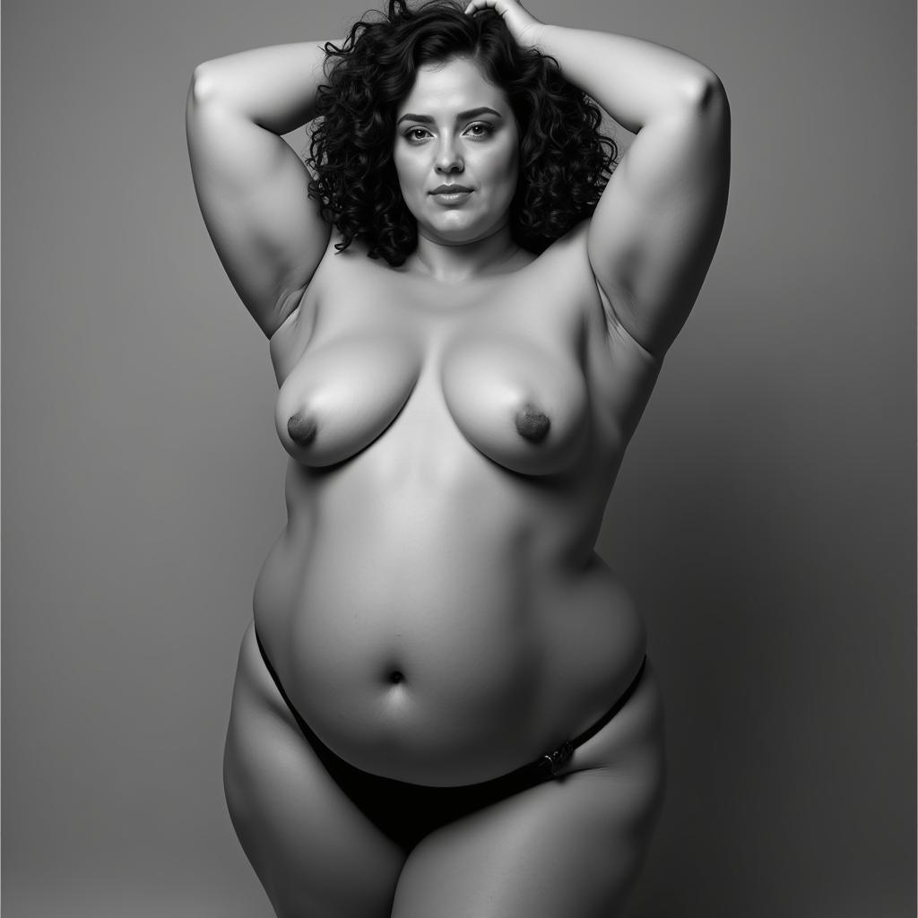 A black and white photograph of a nude woman, embracing body positivity and diverse representations of beauty