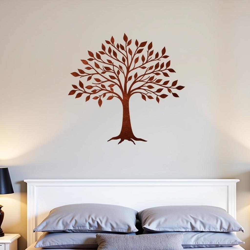 Copper wall art tree in a bedroom