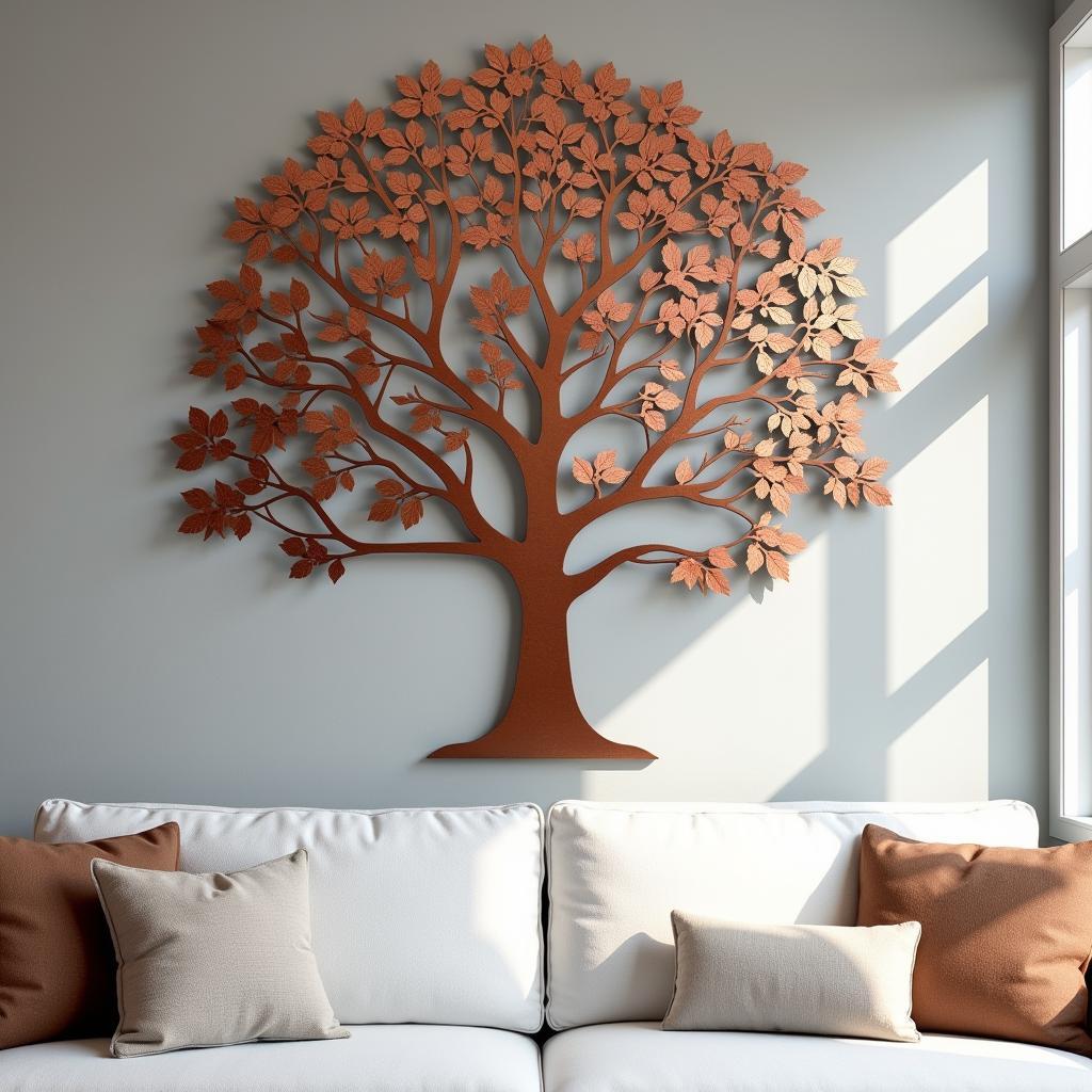 Copper wall art tree in a living room