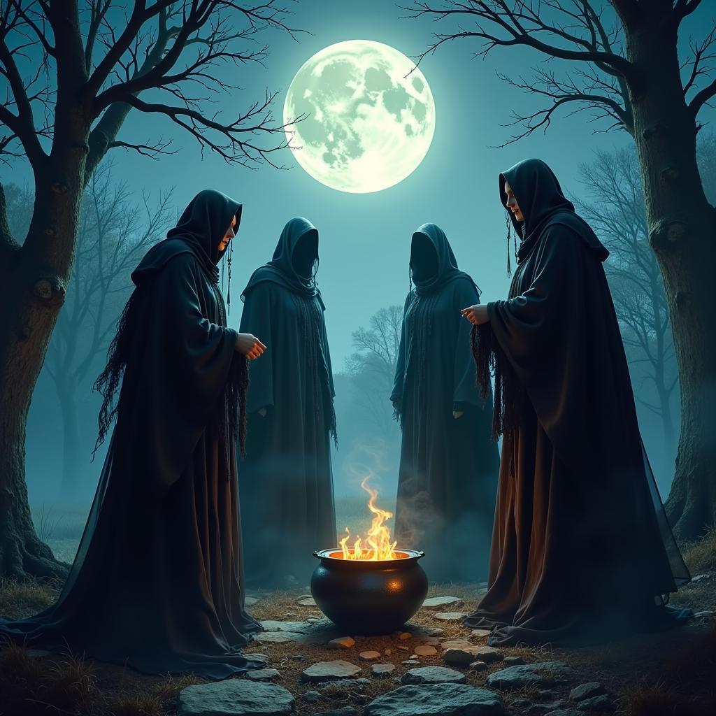 Coven of Witches Gathering Under a Full Moon