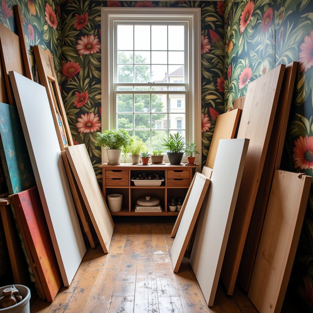 Artist studio with a variety of custom art surfaces