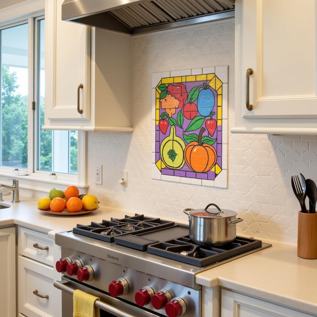 Custom-designed kitchen backsplash mural made of tiles.