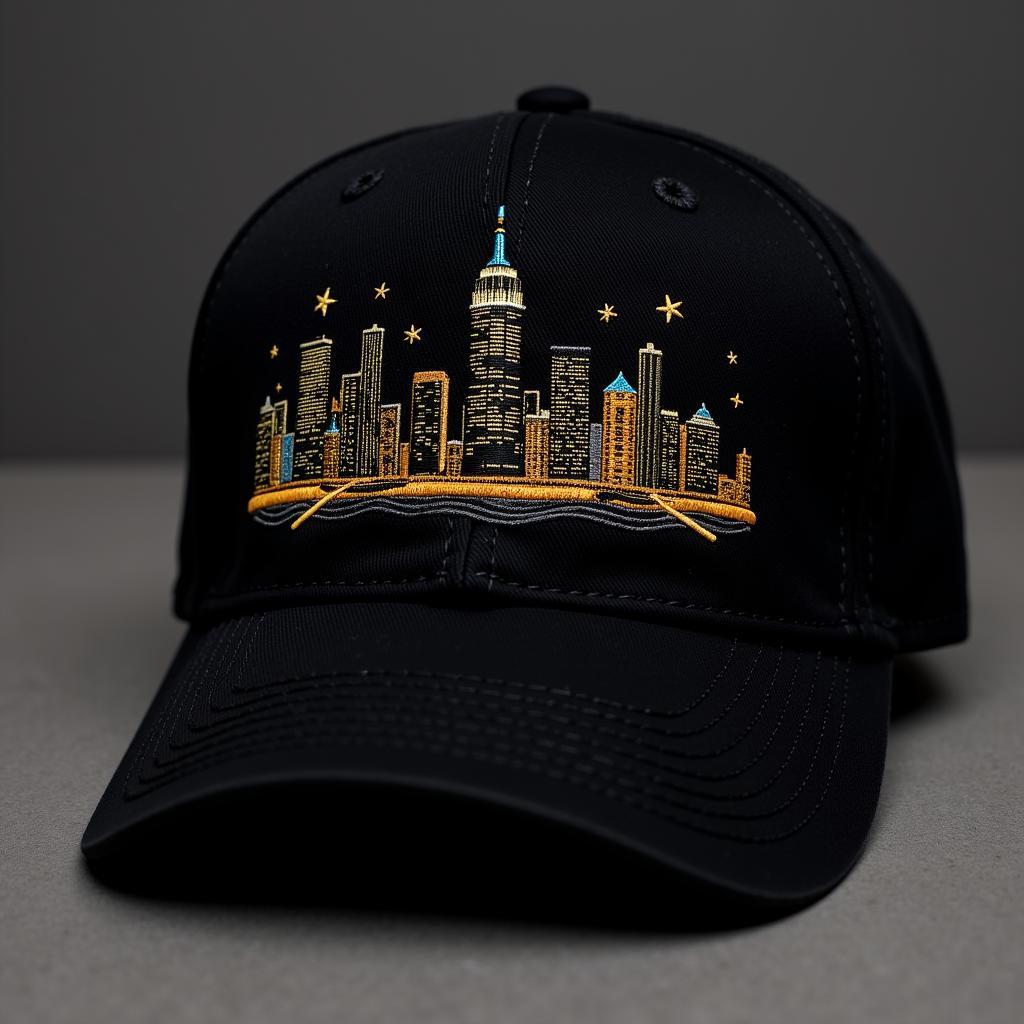 Black baseball cap featuring a custom embroidered cityscape at night