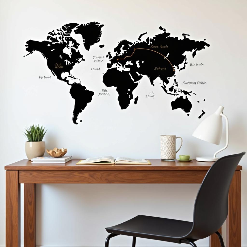 A personalized metal map wall art displayed above a desk in a home office