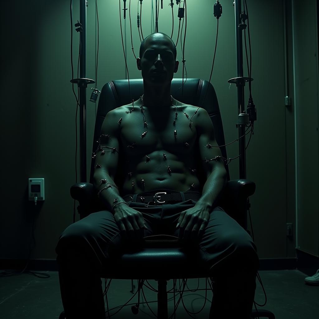 Cyberpunk Horror Scene: Figure Strapped to Chair with IV Needles