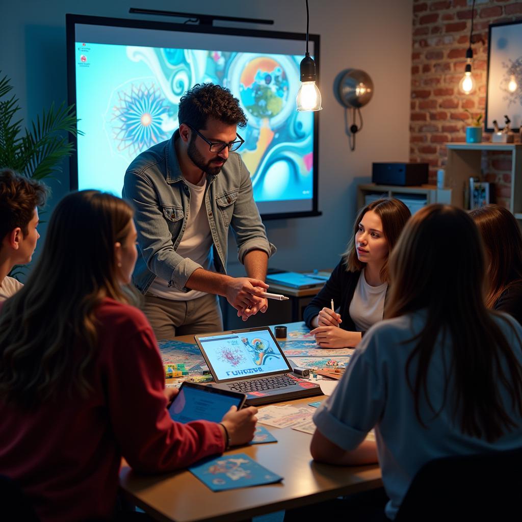 Cyrus Walker interacting with participants during a digital art workshop