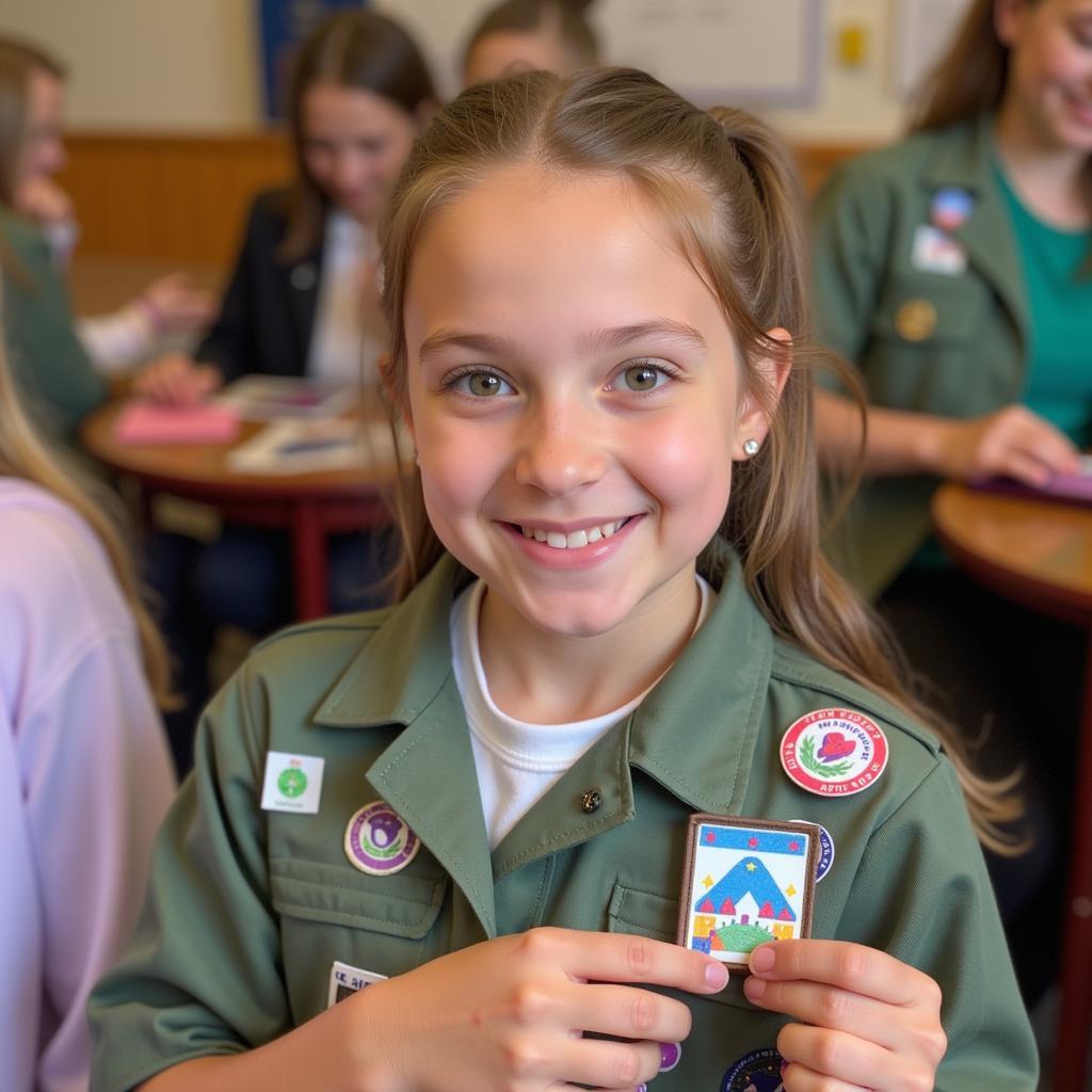 A Daisy proudly displaying her newly earned Art and Design badge, symbolizing her accomplishment and growth.