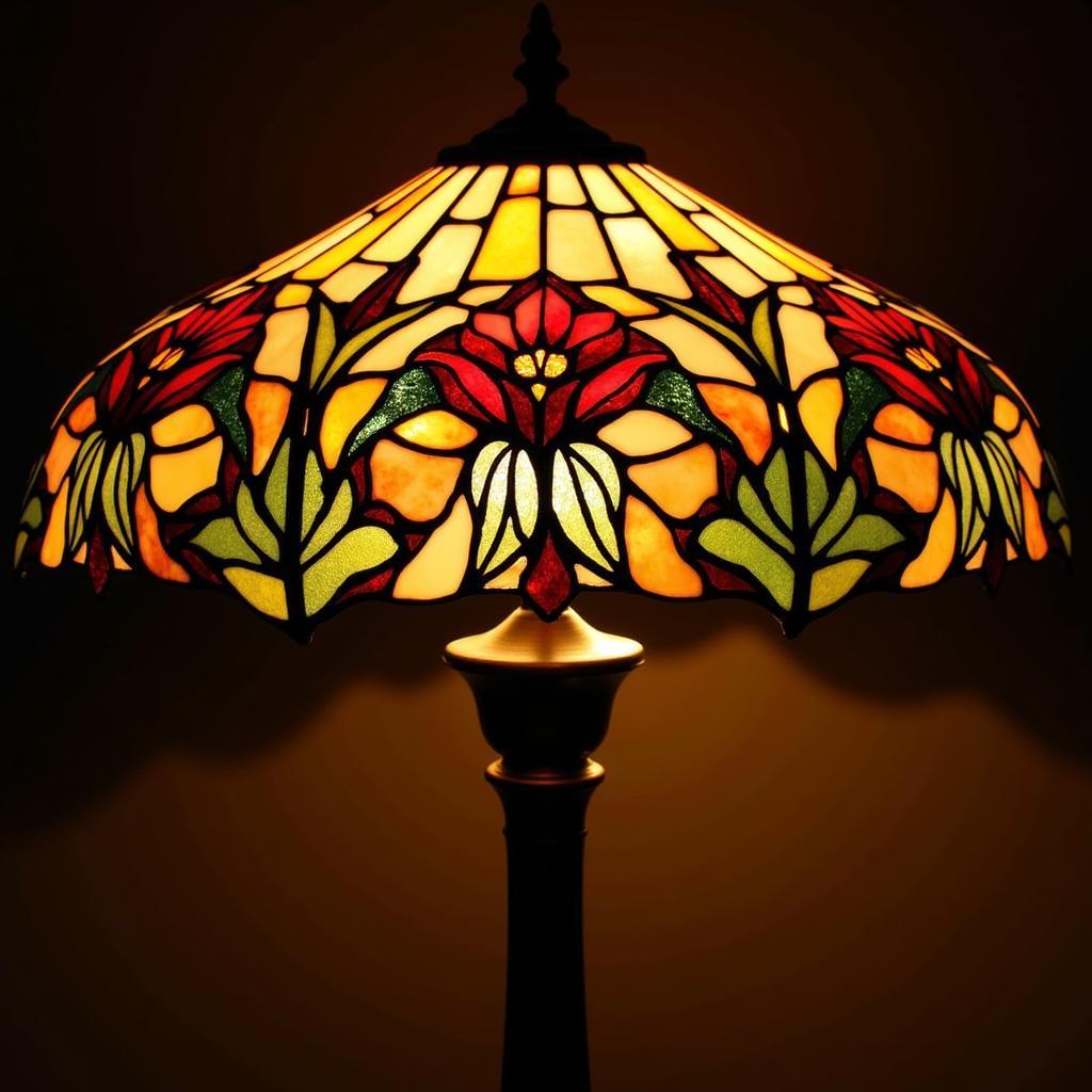 A stunning Dale Tiffany lamp with intricate floral designs in vibrant favrile glass