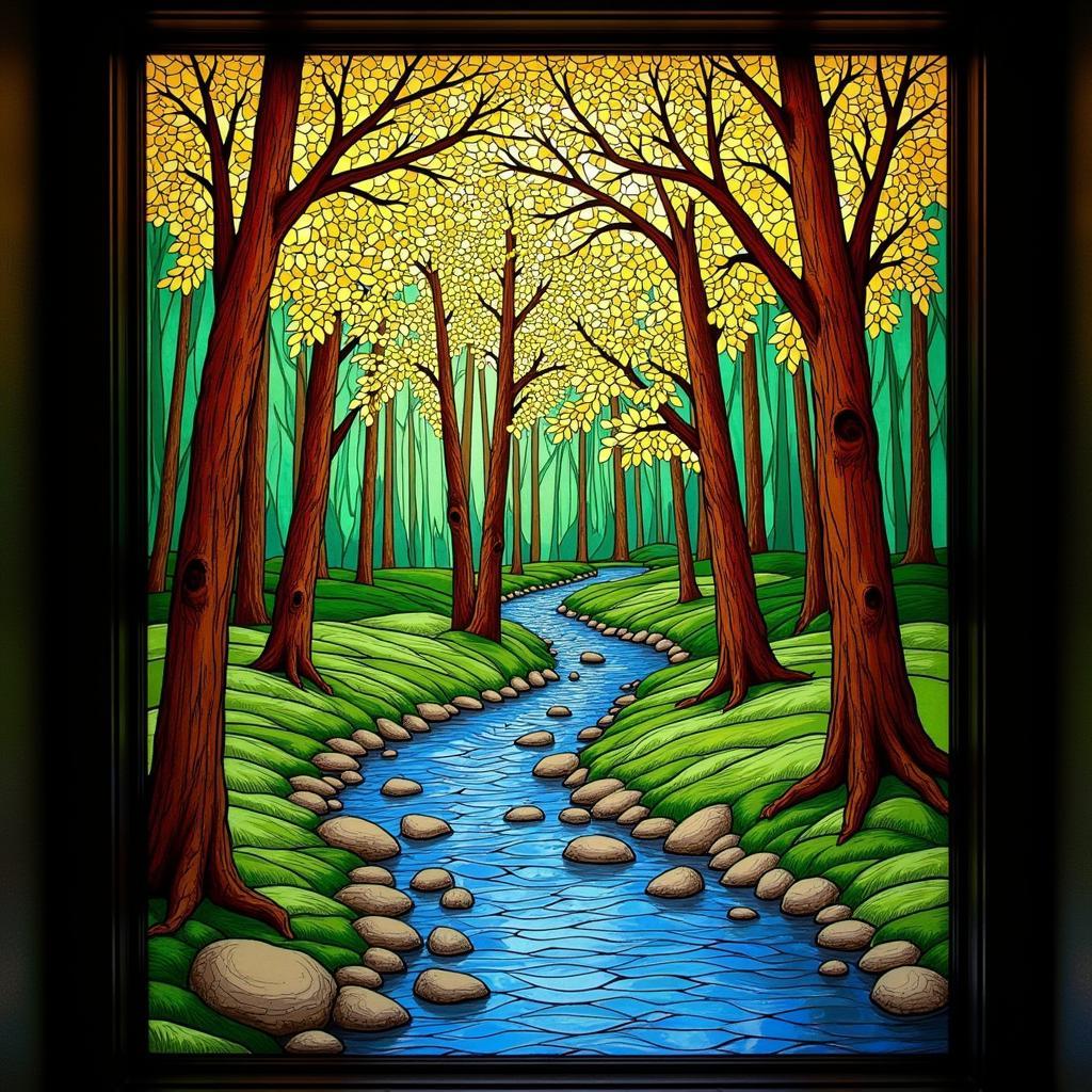 A beautiful window panel made with Dale Tiffany Favrile glass, depicting a nature scene