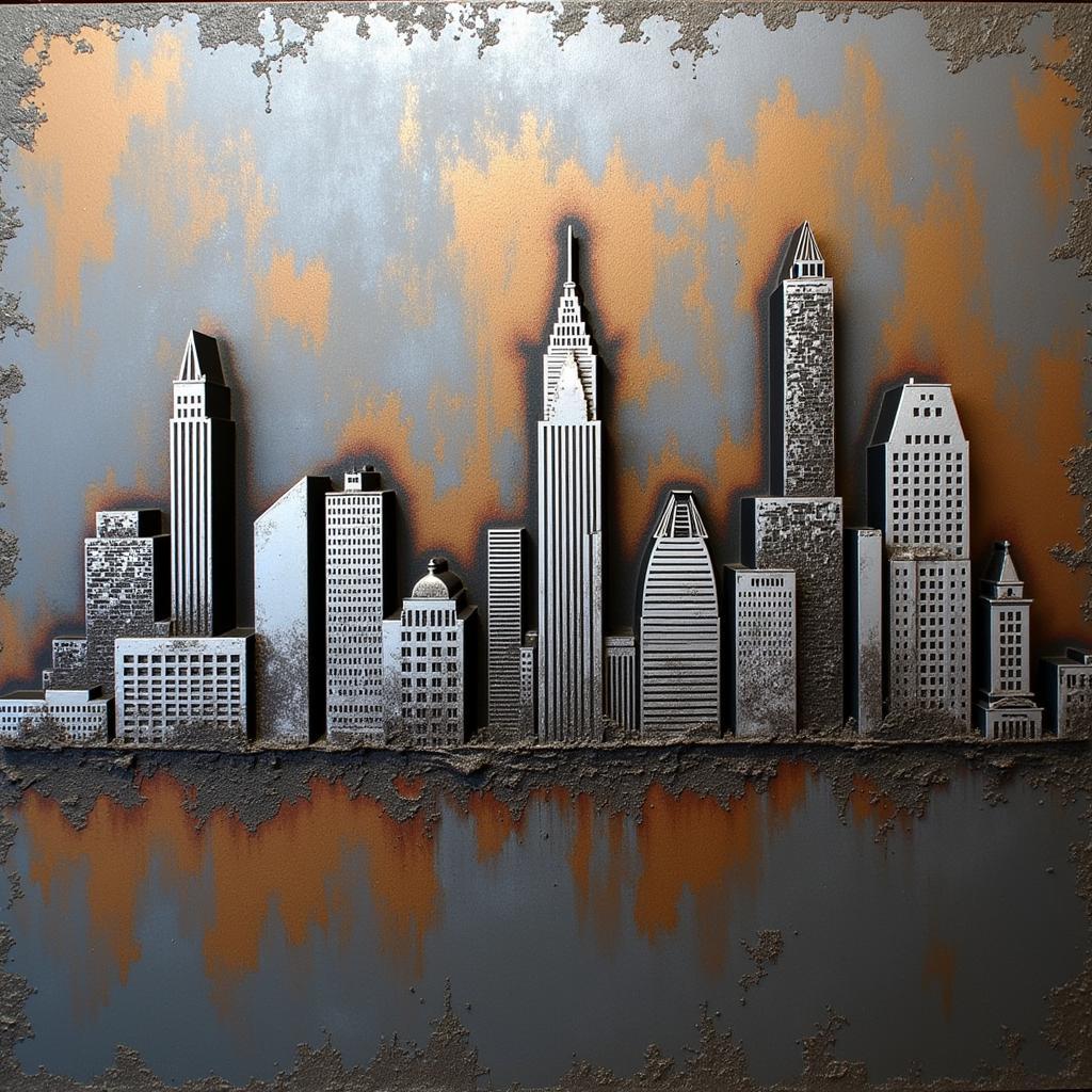 Metallic Dallas skyline wall art adds a modern industrial touch