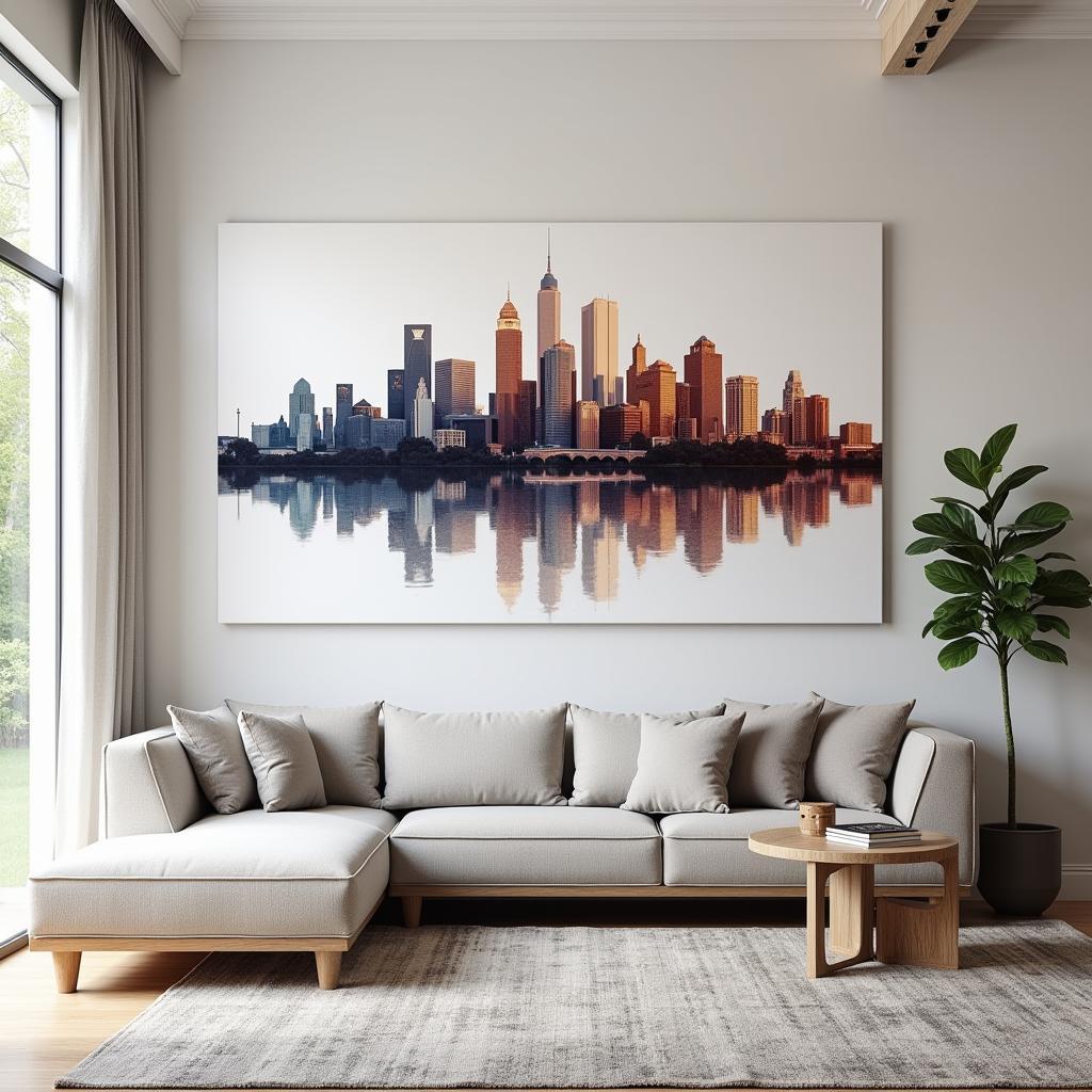 Dallas skyline wall art as a focal point in a modern living room