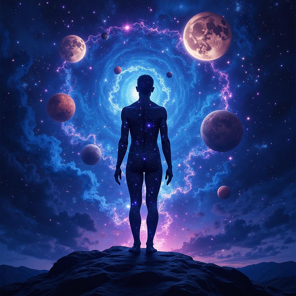 Abstract artwork depicting a figure connected to cosmic energy in the style of Dark Aquarius art