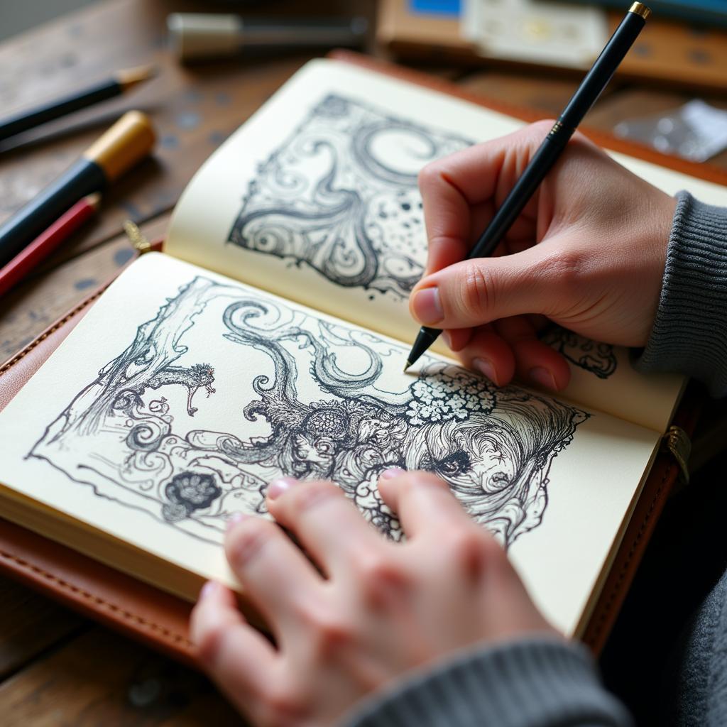 An artist sketching in their sketchbook based on their daydreams