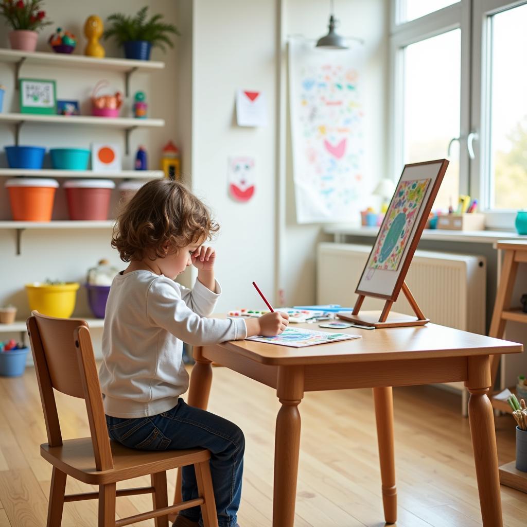 A child happily works on an art project in a dedicated art space.