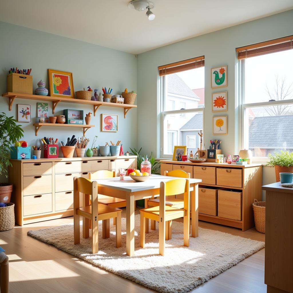 A dedicated art space for kids with a table, chairs, and organized storage for art supplies.