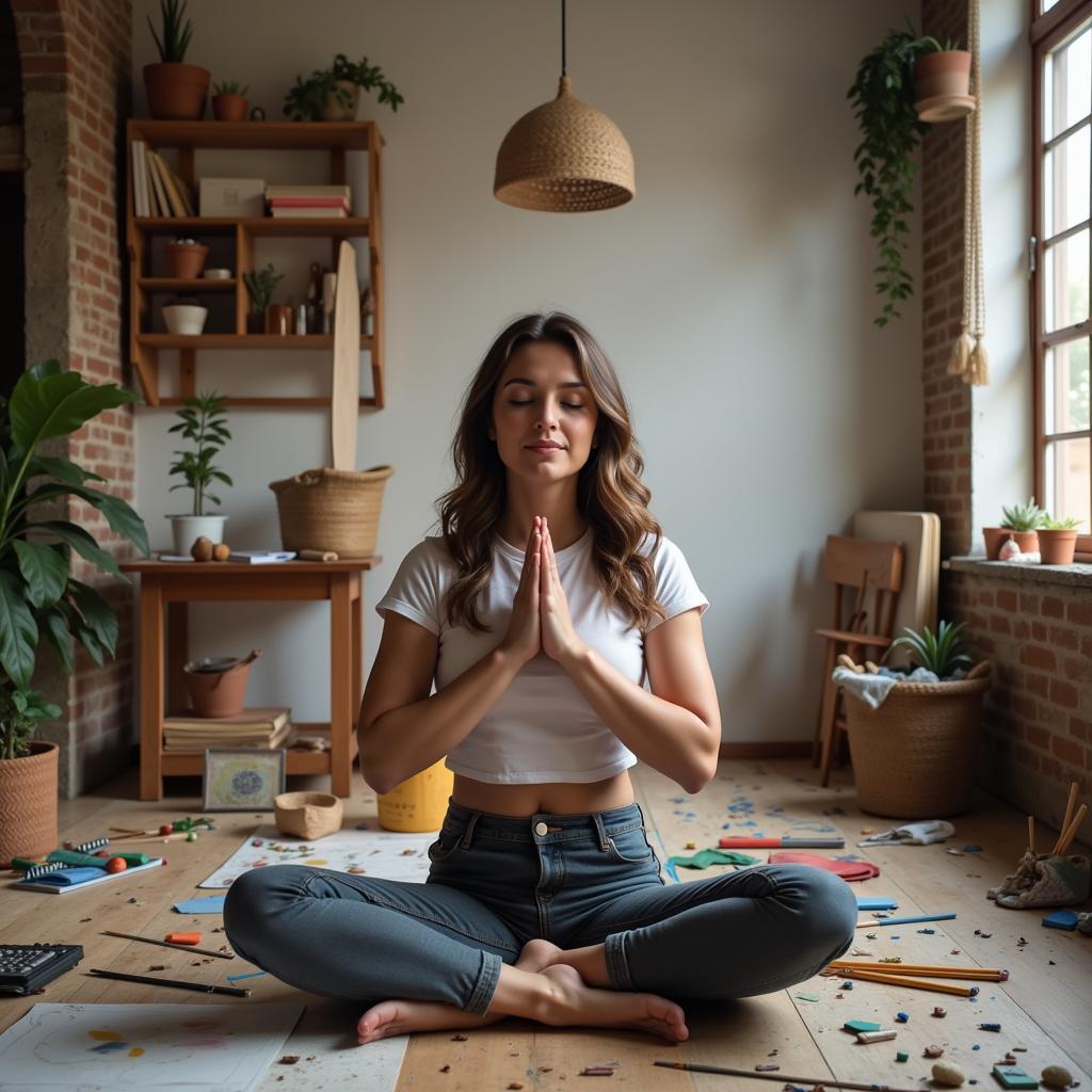 A person meditating with a serene expression, surrounded by art supplies