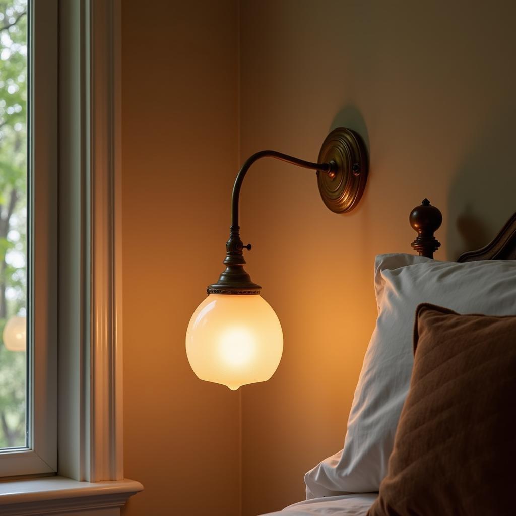 An Art Nouveau wall sconce illuminates a bedroom