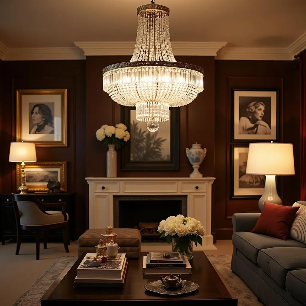 Luxurious living room with an art deco crystal chandelier